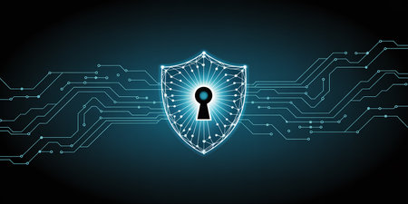 Cyber security concept with shield and keyhole. Vector illustration.の素材