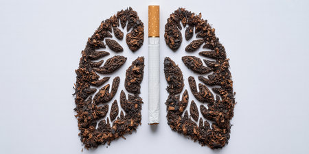 Human lungs made of tobacco and cigarette on white background, top viewの素材