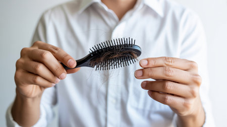 Hair loss problem concept. Close up of woman holding wooden comb in hand.の素材