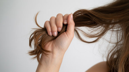 Woman with long brown hair on white background. Close up of female hands holding hair.の素材