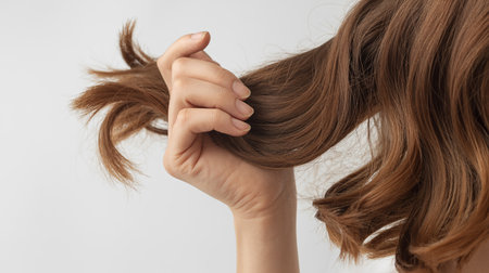 Close up of woman's hand with long brown hair on white backgroundの素材