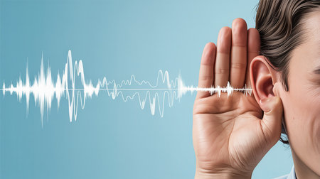 Close up of businesswoman listening to music with fingers on her earの素材