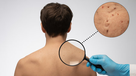 Dermatologist examines the skin of a young man with a magnifying glassの素材