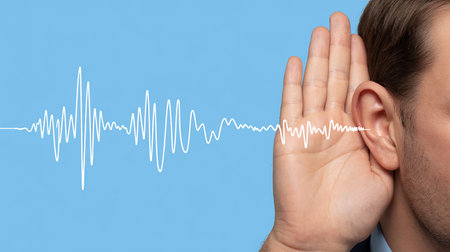 businessman listening to sound wave on blue background, closeup of handの素材