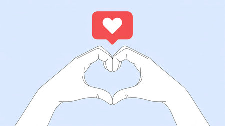 Illustration of hands forming a heart shape with a red speech bubbleの素材