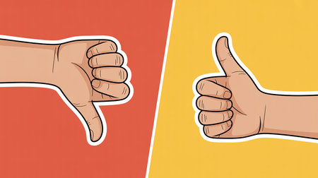 Vector illustration of thumbs up and thumbs down. Hand gesture in pop art style.の素材