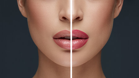 Collage of beautiful woman's lips before and after retouchingの素材