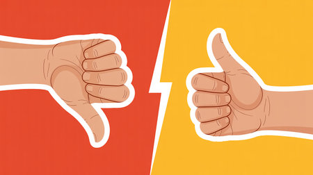 thumbs up and thumbs down on orange and yellow background. vector illustrationの素材