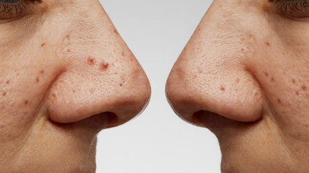 Close-up of woman's lips with acne, before and after treatmentの素材