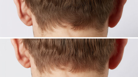 Before and after hair loss. Before and after treatment. Close-up.の素材