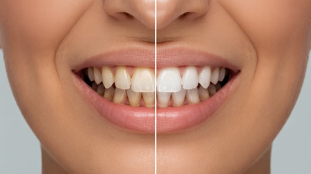 Female teeth before and after whitening. Before and after whitening.の素材