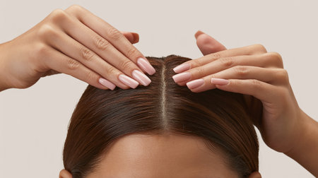 Close up of female hands with beautiful manicured nails touching hair of young womanの素材