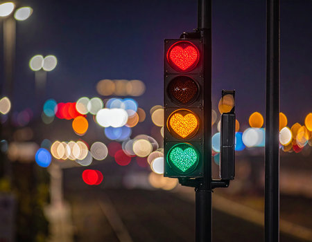 Traffic light with colorful bokeh in the city at nightの素材