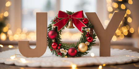 Beautiful Christmas wreath with letter J on blurred background, closeupの素材