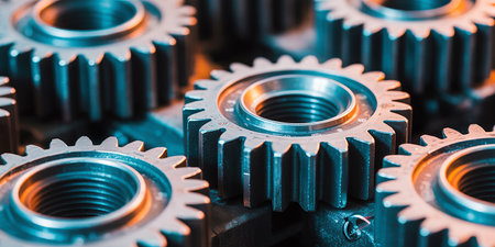 Gear metal wheels closeup. Industrial background. Selective focus.の素材