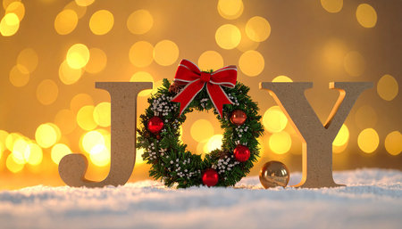 Christmas wreath with the word Joy on bokeh background.の素材