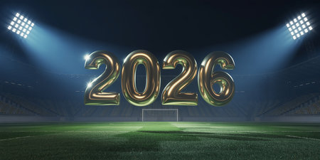 3D rendering of a soccer stadium with lights and a golden number 2016の素材
