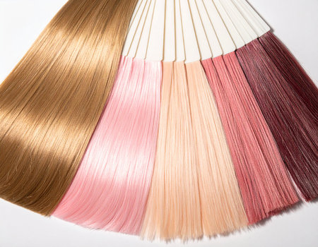 Hair samples of different colors on a white background close-upの素材