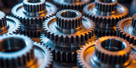 Gear metal wheels closeup. industrial background. 3d illustration.の素材