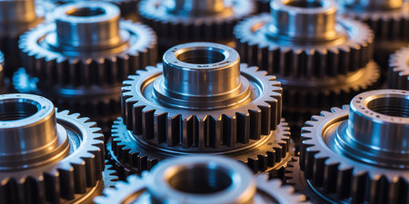 Gear wheels industrial background, close-up. 3d illustration.の素材