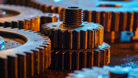 Metal gears and nuts close up. Industrial background. Selective focusの素材