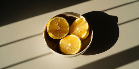 Lemons in a bowl on a white background with shadow.の素材