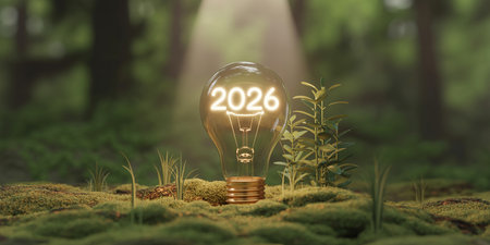 Light bulb with the word 2026 in the forest. 3D rendering.の素材