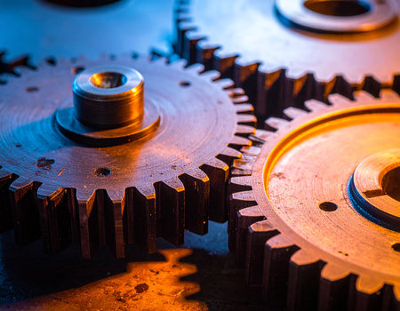 Industrial gear background. Close-up of metal cogwheels.の素材
