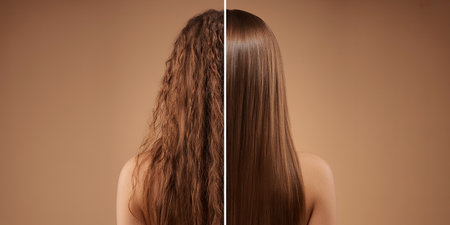 Before and after treatment. Before and after cosmetic procedures. The girl shows her long hair.の素材