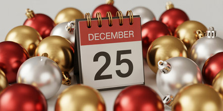 Calendar with December 25 date on red and golden christmas balls background. 3D Renderingの素材