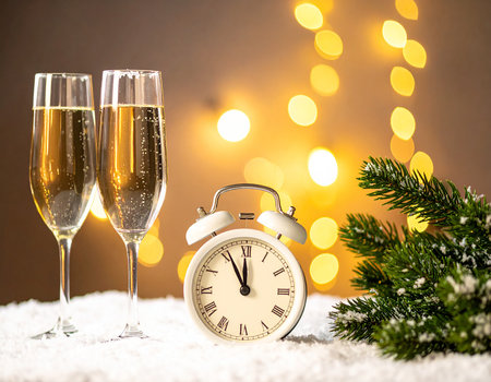 Two glasses of champagne and alarm clock on snow with bokeh backgroundの素材
