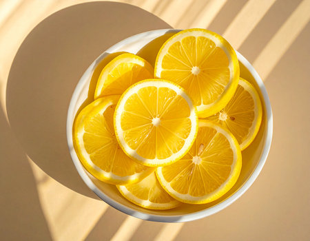 Lemon slices in a bowl on a beige background with sunlightの素材