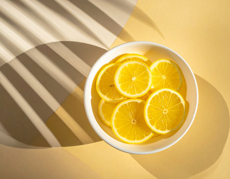 Slices of lemon in bowl on yellow background with shadows.の素材