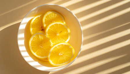 Lemon slices in a bowl on a light background with shadows.の素材
