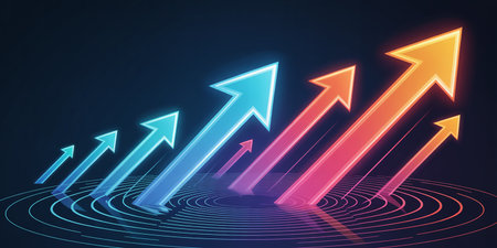 Vector neon arrows. Abstract background with glowing arrows. 3d illustrationの素材