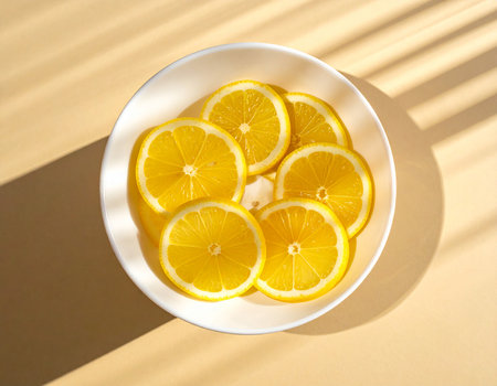 Slices of lemon in a white bowl on a yellow backgroundの素材