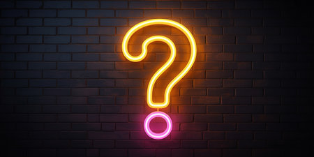 Question mark neon sign on brick wall background. Realistic vector illustration.の素材