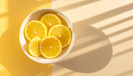 Lemon slices in a bowl on a yellow background with shadows.の素材