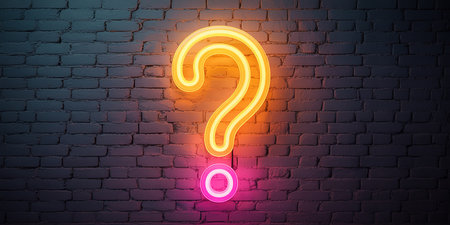 Question mark glowing neon sign on brick wall background. Vector illustration.の素材