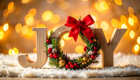 Wooden letters with Christmas wreath on bokeh background.の素材