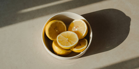 Lemons in a white bowl on a light background with shadows.の素材