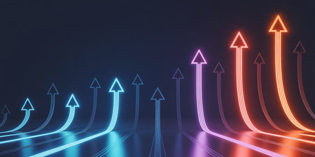 3D rendering of neon arrows in a dark room. Futuristic background.の素材
