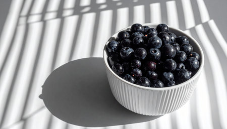 Blueberries in a bowl on a white background with a shadow from the sunの素材