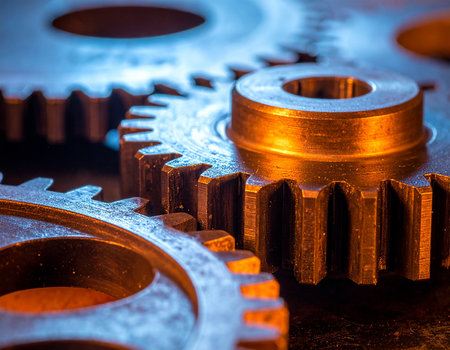 Gears and cogs on the old rusty background. Toned.の素材