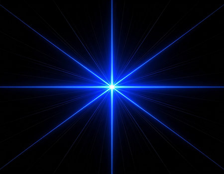 Blue star with rays on black background. Computer generated abstract background.の素材