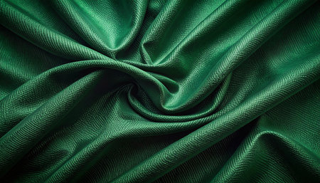 Texture, background, pattern. The fabric is dark green. Abstract background of luxury fabrics or liquid waves or wavy grunge creases.の素材