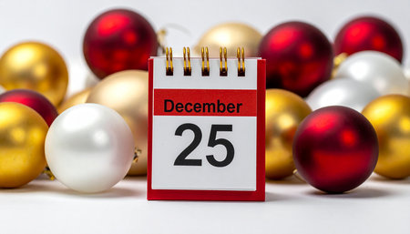 Calendar for December 25 with Christmas ornaments on white backgroundの素材
