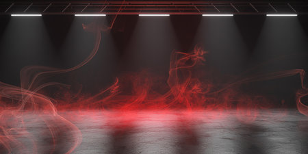Digital composite of Red smoke against stage with spotlights in black roomの素材