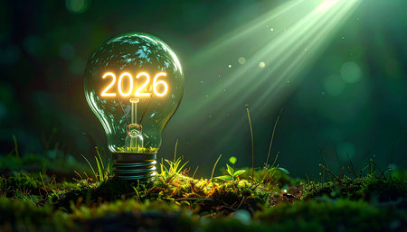 Glowing light bulb in the forest with new year 2016 text insideの素材