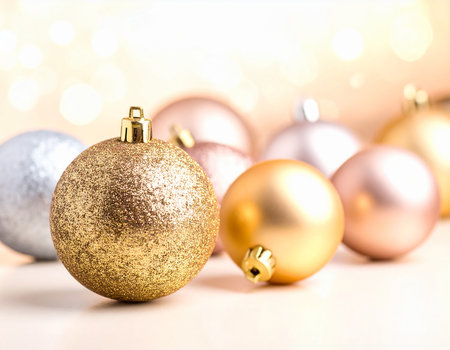 Christmas background with golden and silver baubles and bokehの素材